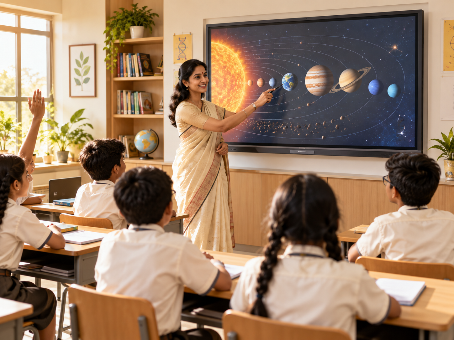 Teacher using an interactive flat panel in a modern Indian classroom